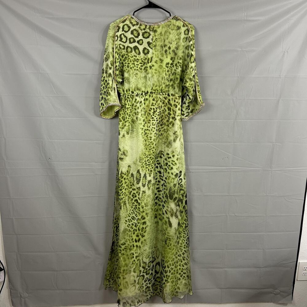 Kasia De Gelaque Dress One Size Kaftan Silk Maxi Leopard Green Rhinestone Boho - Picture 8 of 12